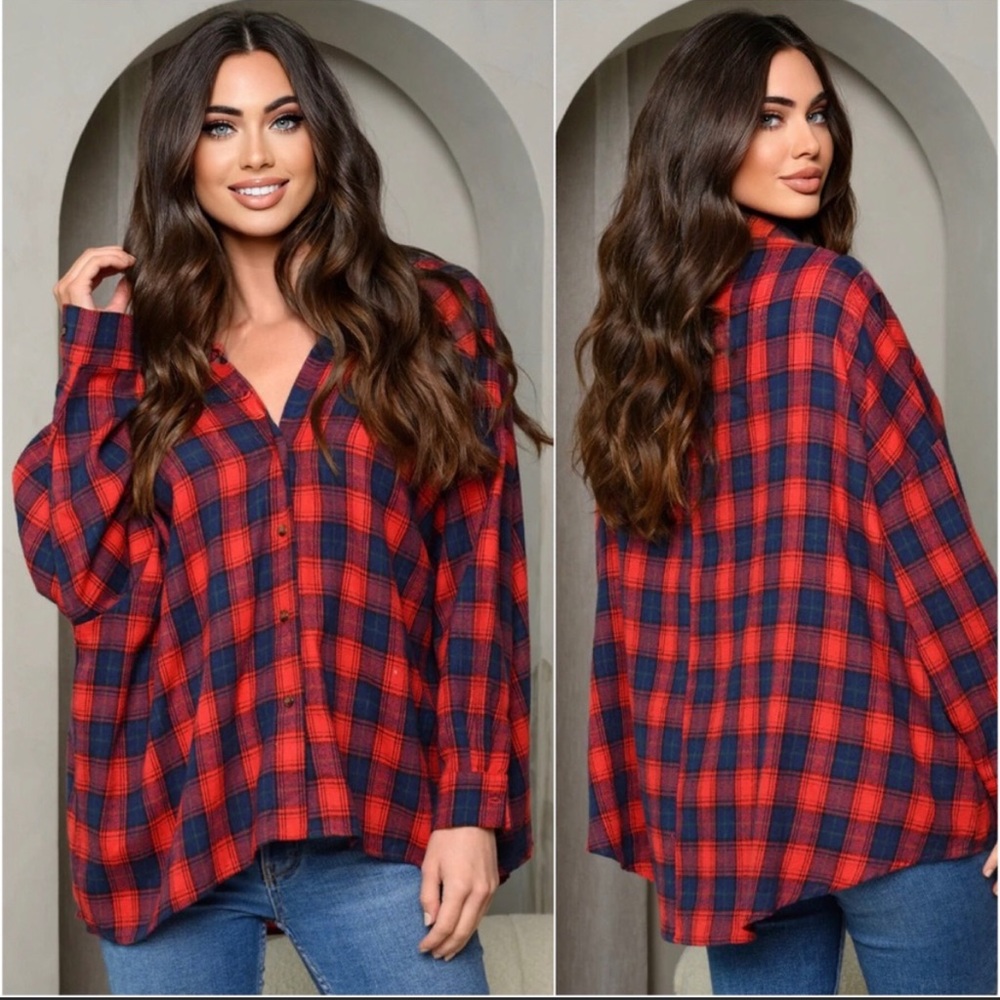 SALE! ❤️ RED NAVY PLAID WOMENS TRENDY PLAID BUTTON HI LOW TOP
